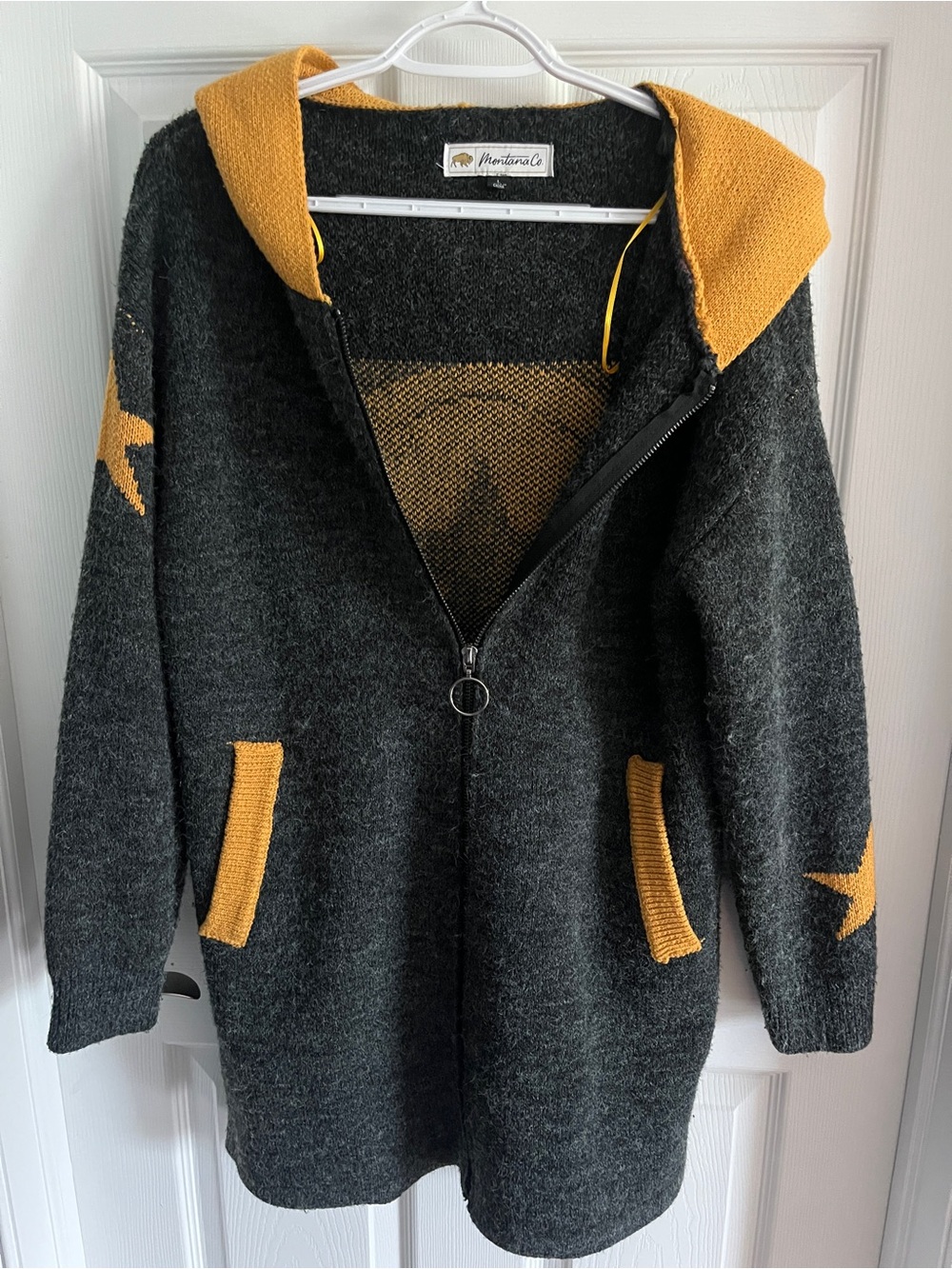 Ladies Dark Gray Hooded Zip Sweater with Mustard Accents